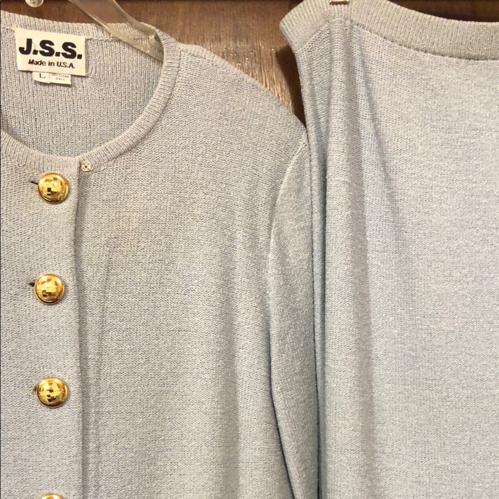 J.S.S. Light Blue Cardigan Skirt Suit with Gold Buttons